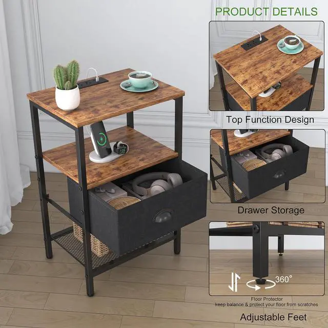 Alt view image 5 of 7 - Sthmec Nightstands Set of 2, LED Bedside Tables with Charging Station and Fabric Drawer, Night Stand with Storage, 3 Tier Side Table with Open Shelf, LED Nightstands with Charging Station,Rustic Brown