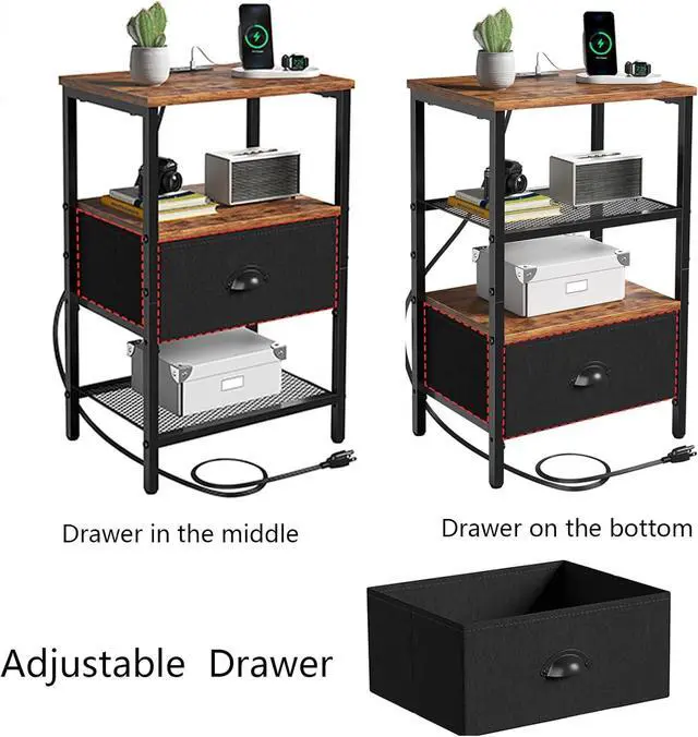 Alt view image 6 of 7 - Sthmec Nightstands Set of 2, LED Bedside Tables with Charging Station and Fabric Drawer, Night Stand with Storage, 3 Tier Side Table with Open Shelf, LED Nightstands with Charging Station,Rustic Brown