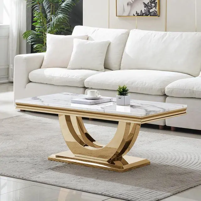 Main image of SSLine Rectangular Faux Marble Coffee Table for Living Room Modern Luxury White Marble Center Table with Gold Dual U-Shape Base 46.8" Mid-Century Cocktail Table with Mirrored Stainless Steel Frame