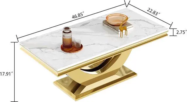 Alt view image 2 of 7 - SSLine Rectangular Faux Marble Coffee Table for Living Room Modern Luxury White Marble Center Table with Gold Dual U-Shape Base 46.8" Mid-Century Cocktail Table with Mirrored Stainless Steel Frame