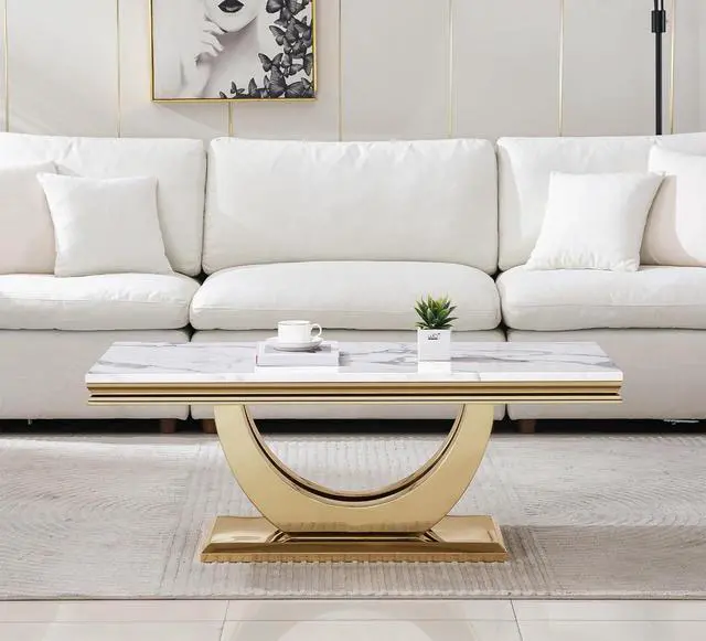 Alt view image 3 of 7 - SSLine Rectangular Faux Marble Coffee Table for Living Room Modern Luxury White Marble Center Table with Gold Dual U-Shape Base 46.8" Mid-Century Cocktail Table with Mirrored Stainless Steel Frame