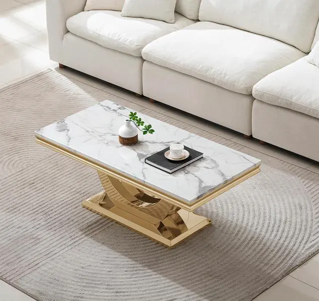 Alt view image 4 of 7 - SSLine Rectangular Faux Marble Coffee Table for Living Room Modern Luxury White Marble Center Table with Gold Dual U-Shape Base 46.8" Mid-Century Cocktail Table with Mirrored Stainless Steel Frame