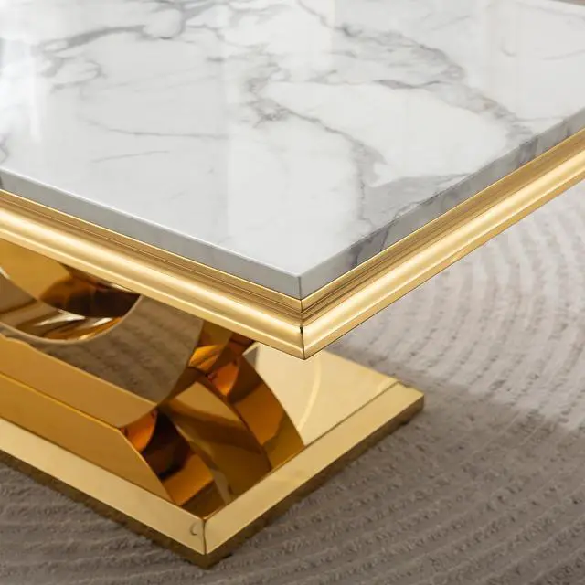 Alt view image 5 of 7 - SSLine Rectangular Faux Marble Coffee Table for Living Room Modern Luxury White Marble Center Table with Gold Dual U-Shape Base 46.8" Mid-Century Cocktail Table with Mirrored Stainless Steel Frame
