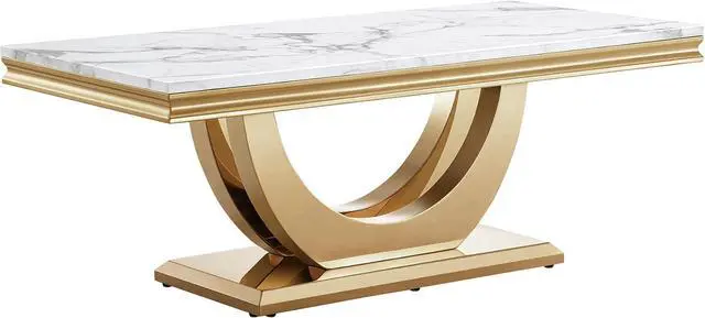 Alt view image 7 of 7 - SSLine Rectangular Faux Marble Coffee Table for Living Room Modern Luxury White Marble Center Table with Gold Dual U-Shape Base 46.8" Mid-Century Cocktail Table with Mirrored Stainless Steel Frame