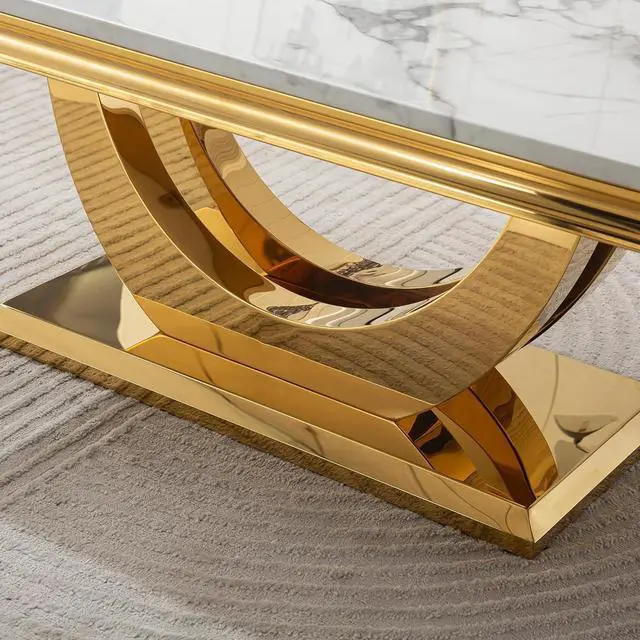 Alt view image 6 of 7 - SSLine Rectangular Faux Marble Coffee Table for Living Room Modern Luxury White Marble Center Table with Gold Dual U-Shape Base 46.8" Mid-Century Cocktail Table with Mirrored Stainless Steel Frame