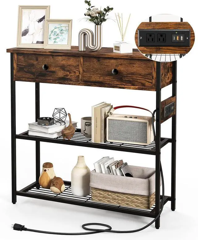 Main image of GOFLAME Console Table with Power Outlet, Narrow Entry Table with Drawers, 2 AC Outlets & 2 USB Ports, Sofa Table for Living Room Behind Couch, Living Room, Foyer, Brown