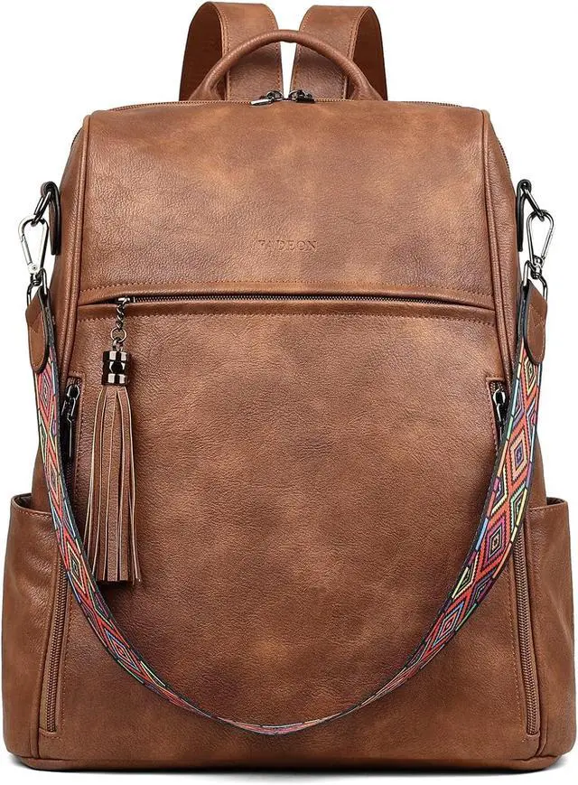 Main image of FADEON Leather Laptop Backpack for Women Designer 15.6 inch PU Laptop Bag, Ladies Travel Computer Work Backpack Brown