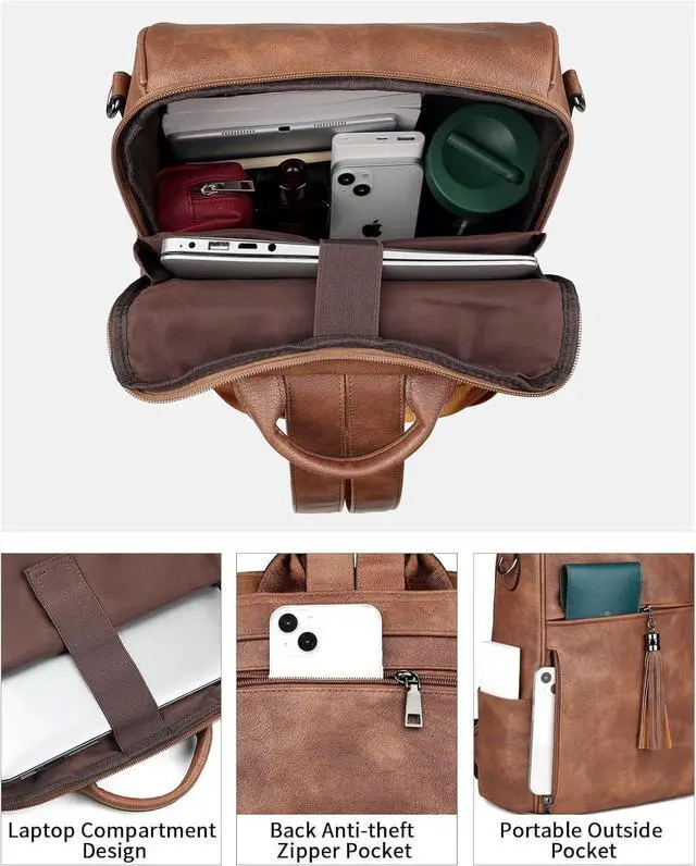 Alt view image 4 of 7 - FADEON Leather Laptop Backpack for Women Designer 15.6 inch PU Laptop Bag, Ladies Travel Computer Work Backpack Brown