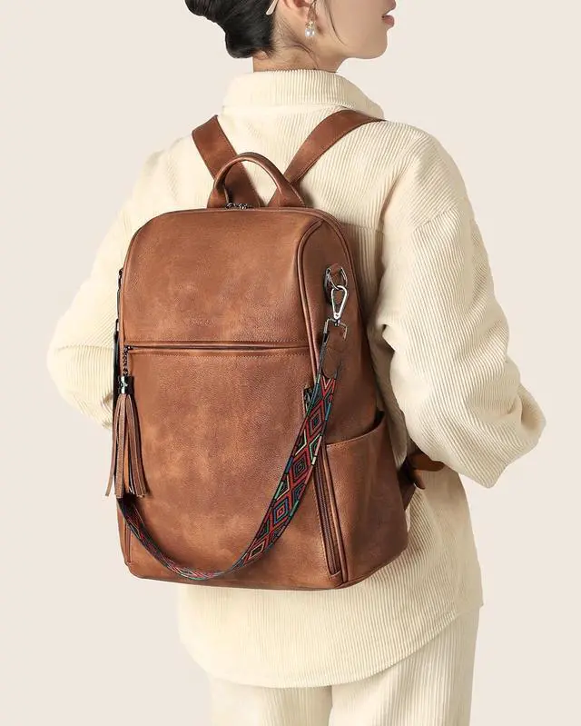 Alt view image 2 of 7 - FADEON Leather Laptop Backpack for Women Designer 15.6 inch PU Laptop Bag, Ladies Travel Computer Work Backpack Brown