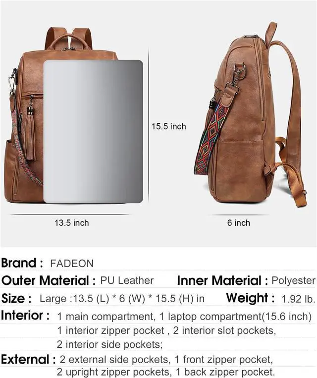 Alt view image 3 of 7 - FADEON Leather Laptop Backpack for Women Designer 15.6 inch PU Laptop Bag, Ladies Travel Computer Work Backpack Brown