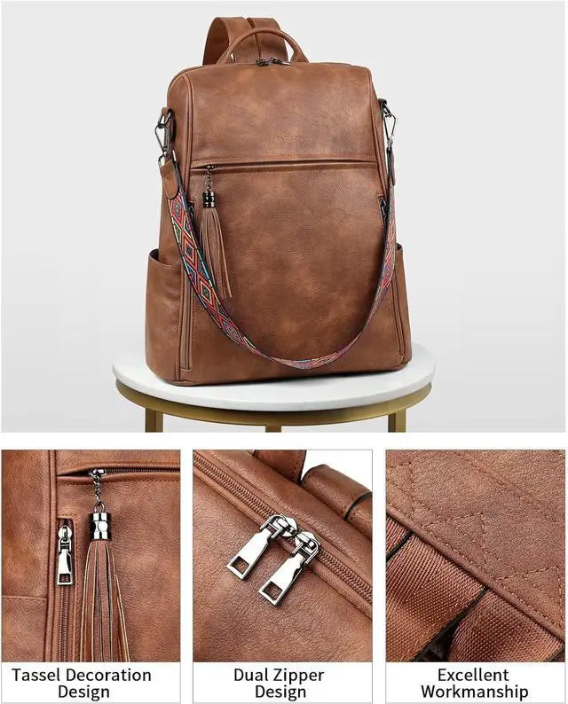 Alt view image 5 of 7 - FADEON Leather Laptop Backpack for Women Designer 15.6 inch PU Laptop Bag, Ladies Travel Computer Work Backpack Brown