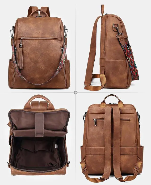 Alt view image 6 of 7 - FADEON Leather Laptop Backpack for Women Designer 15.6 inch PU Laptop Bag, Ladies Travel Computer Work Backpack Brown