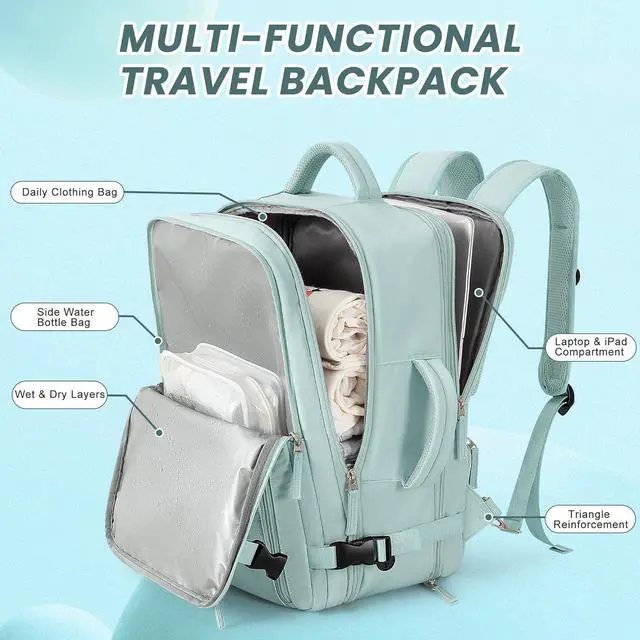 Alt view image 3 of 7 - Beraliy Travel Backpack for Women, Airline Approved Bag, 16 inch Laptop Waterproof Hiking Backpack, Casual College Daypack, Weekender Bag, Mint Green