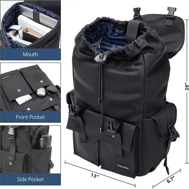 Alt view image 2 of 7 - Black backpack for men, 16 inch laptop backpack with computer compartment, Drawstring slim waterproof tech backpack for travel, work, college or daily use, Large 30 L