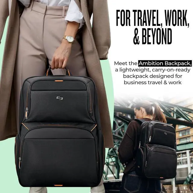 Alt view image 5 of 7 - Solo New York Laptop Backpack for Women & Men -Carry On Bookbag for Travel & Work, Fits 17.3" Computer, Lightweight Bag, Side Zippered Pockets, Padded Straps - Ambition, Black