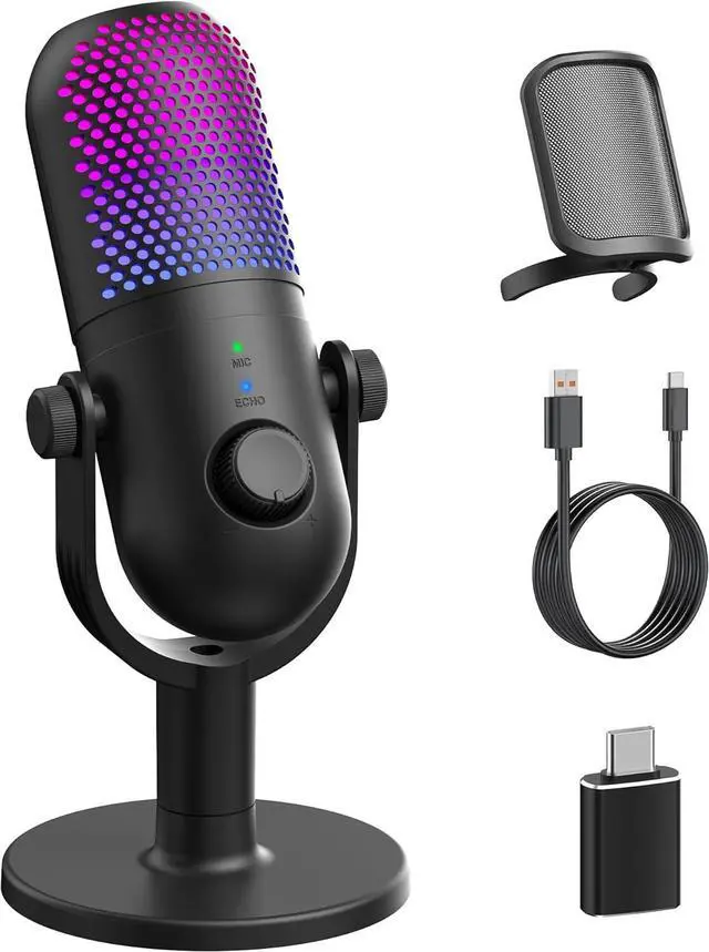 Main image of USB Microphone for PC Gaming: Condenser Microphone RGB for Gamer with Stand Mic - Recording Mic for Computer&Laptop with Qiuck Mute - Desk Podcast Mic for Podcast & Singing & Streaming & Youtube Black