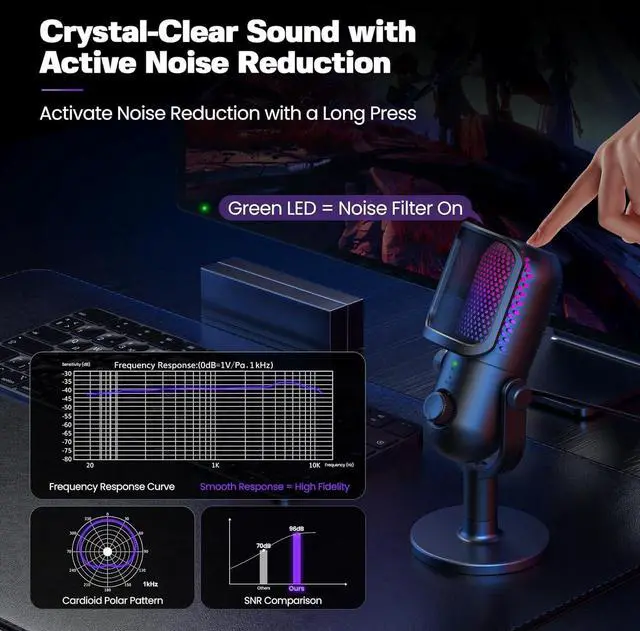 Alt view image 3 of 7 - USB Microphone for PC Gaming: Condenser Microphone RGB for Gamer with Stand Mic - Recording Mic for Computer&Laptop with Qiuck Mute - Desk Podcast Mic for Podcast & Singing & Streaming & Youtube Black