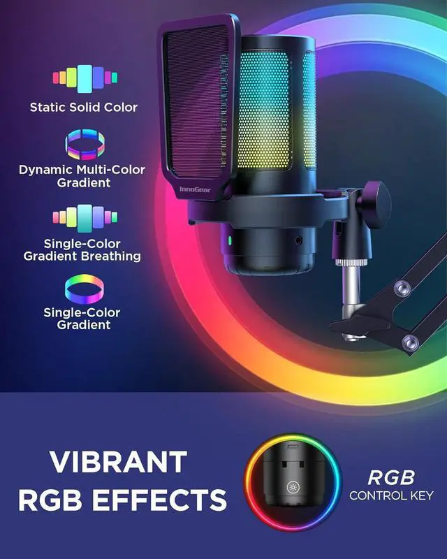 Alt view image 5 of 7 - InnoGear Gaming USB Microphone, Noise Cancellation Condenser Mic with Mute, Gain, RGB Indicator, Boom Arm Stand for Streaming, Podcast, Twitch, YouTube, Discord, PC, Computer, PS4, PS5, Mac, Black