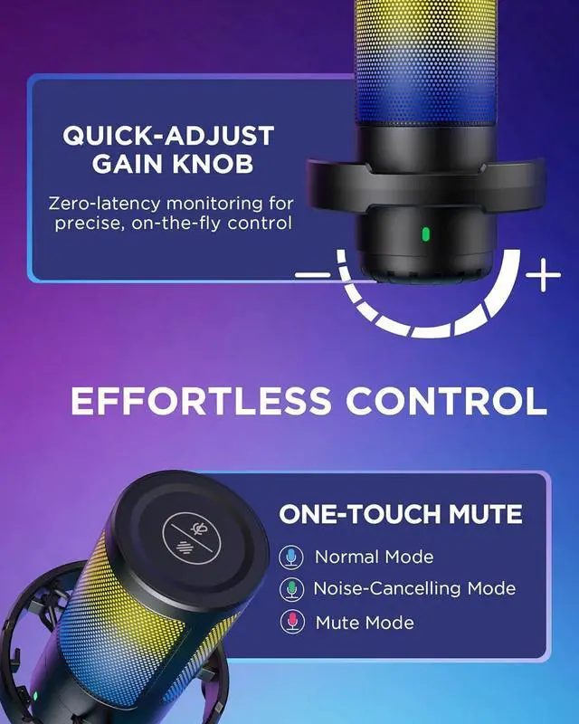 Alt view image 6 of 7 - InnoGear Gaming USB Microphone, Noise Cancellation Condenser Mic with Mute, Gain, RGB Indicator, Boom Arm Stand for Streaming, Podcast, Twitch, YouTube, Discord, PC, Computer, PS4, PS5, Mac, Black