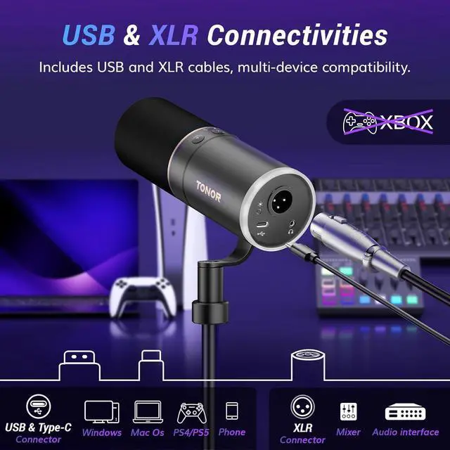 Alt view image 4 of 7 - TONOR XLR/USB Gaming Mic, Dynamic Microphone for Podcast Recording Streaming with RGB Light, Mute Button, Headphones Jack, Monitoring, Desktop Stand, Metal Vocal Mic for PC Mac Android PS4/5 TD520S