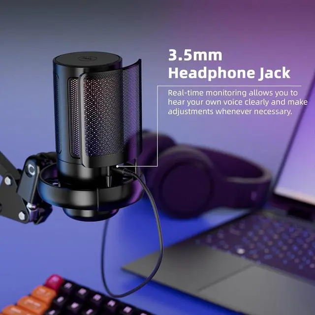 Alt view image 5 of 7 - Gaming USB Microphone for PCPodcast Microphone Kit for Streaming, Condenser Mic with Quick Mute, Boom Arm, Pop Filterm, RGB Indicator, Shock Mount, Rotate gain Button, Compatible with PS4/5/PC