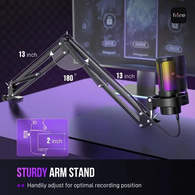 Alt view image 6 of 7 - FIFINE USB Gaming Microphone Kit, PC Streaming Mic with RGB Lights, Mute, Gain Knob, Metal Boom Arm for Recording Podcast, Condenser Computer Microphone Set Compatible with PS4/PS5-AmpliGame A8T