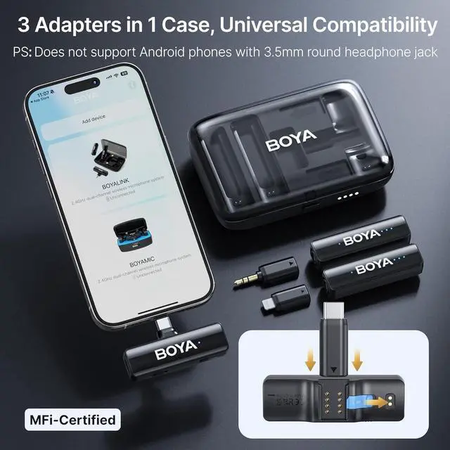 Alt view image 5 of 7 - BOYA BOYALINK 2 Wireless Lavalier Microphone for iPhone Camera Android, Mini Lapel Micophone Wireless, 48 KHz 24 Bit, 6mm Mic, 1000ft, 30h Use, Noise Cancelling, Clip on Mic USB-C/Lightning/3.5mm TRS