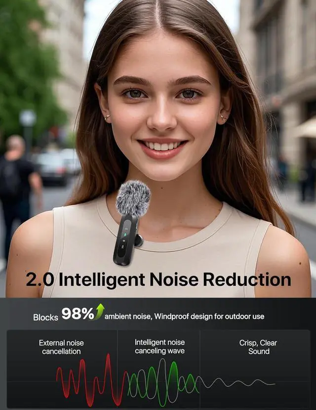 Alt view image 2 of 7 - Upgraded 2 Pack Mini Clip on Microphone With LED Display, Wireless Lavalier Microphone for iPhone, HD Noise Cancelling, Portable Lapel Mic for Recording Video Podcast Vlogg Content Creator interview