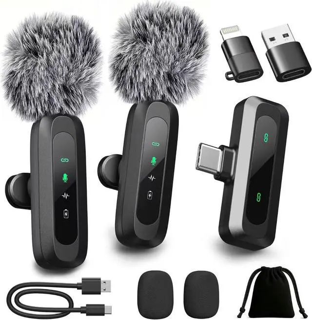 Main image of Upgraded 2 Pack Mini Clip on Microphone With LED Display, Wireless Lavalier Microphone for iPhone, HD Noise Cancelling, Portable Lapel Mic for Recording Video Podcast Vlogg Content Creator interview