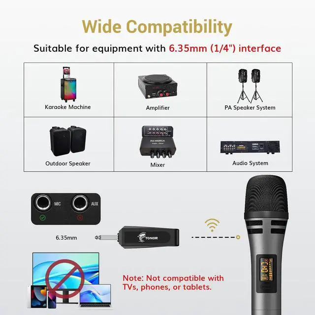 Alt view image 4 of 7 - TONOR Wireless Microphones, UHF Dual Karaoke Microphone System, Microfonos Inalambricos with Rechargeable Receiver, Cordless Dynamic Mic Micro Set for Singing, Wedding, DJ, Party, Speech TW320 Grey