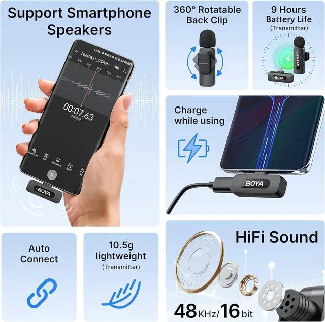 Alt view image 3 of 7 - BOYA BY-V10 USB-C Wireless Lavalier Microphone for iPhone16/15 Android, Type-C Smartphone Laptop, Noise Canceling, Mini Clip-on Microphone for YouTube, Podcast, Facebook, TikTok Vlogging Recordings
