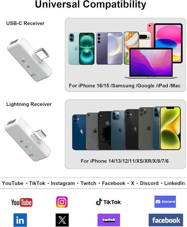 Alt view image 6 of 7 - Mini Microphone for iPhone Android, Wireless Mic with 40H Battery, Noise Cancellation, 48KHz 16-Bit, 164ft Range, Magnetic & Clip on Lavalier Microphone for Video Recording, YouTube, Tiktok, Vlogging