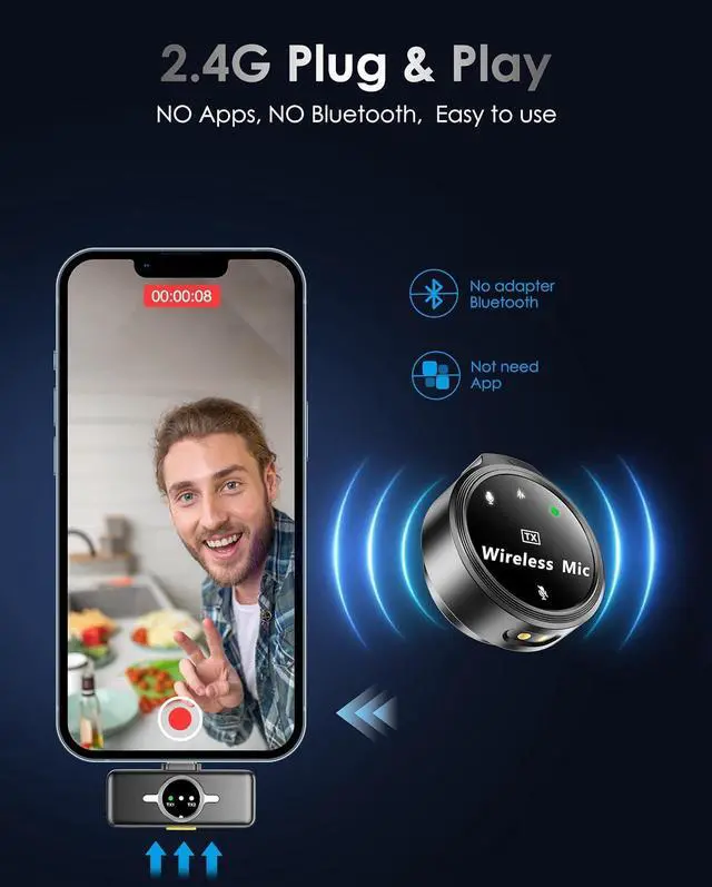 Alt view image 4 of 7 - Wireless Lavalier Microphone for iPhone/Android, Lapel Mics with USB-C Plug-Play, Mini Mic with 2.4GHz Noise Cancellation, Charging Case Included, 300ft Range for Stream, Vlog, TikTok and YouTube