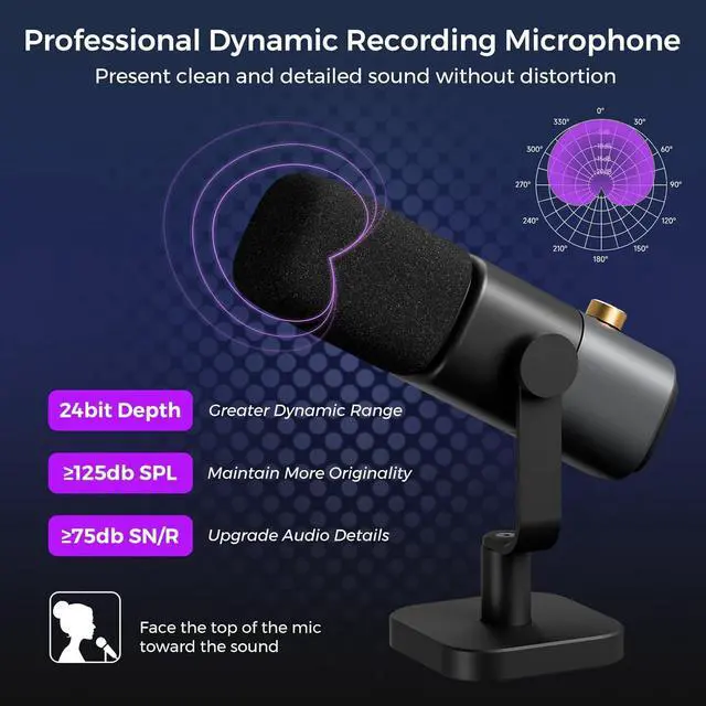 Alt view image 2 of 7 - XLR/USB Dynamic Microphone for Stream/Game/Record,Podcast Microphone with Noise Canceling On/Off, Mute Button, Headphone Jack, Gain Knob,Desk Microphone with Stand for PC/Audio Mixer(AM15X)