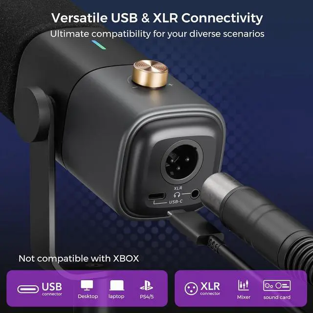 Alt view image 4 of 7 - XLR/USB Dynamic Microphone for Stream/Game/Record,Podcast Microphone with Noise Canceling On/Off, Mute Button, Headphone Jack, Gain Knob,Desk Microphone with Stand for PC/Audio Mixer(AM15X)