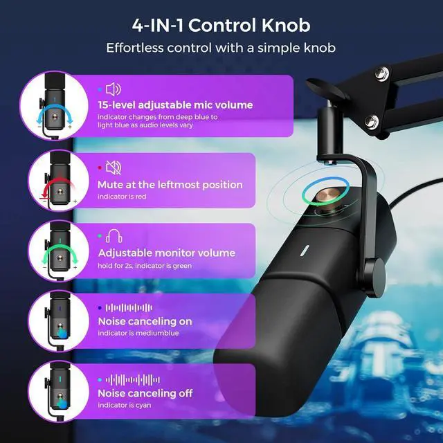 Alt view image 5 of 7 - XLR/USB Dynamic Microphone for Stream/Game/Record,Podcast Microphone with Noise Canceling On/Off, Mute Button, Headphone Jack, Gain Knob,Desk Microphone with Stand for PC/Audio Mixer(AM15X)