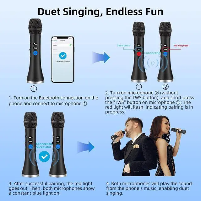 Alt view image 6 of 7 - YF79 Wireless Bluetooth Microphone with 20W High Power, DSP Chip for Clear Sound, Dual Mic Connectivity for Duet Singing, One-Click Vocal Reduction for Karaoke, Portable Design with Loud Volume(Black)