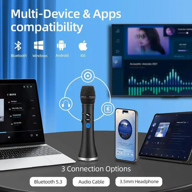Alt view image 5 of 7 - YF79 Wireless Bluetooth Microphone with 20W High Power, DSP Chip for Clear Sound, Dual Mic Connectivity for Duet Singing, One-Click Vocal Reduction for Karaoke, Portable Design with Loud Volume(Black)