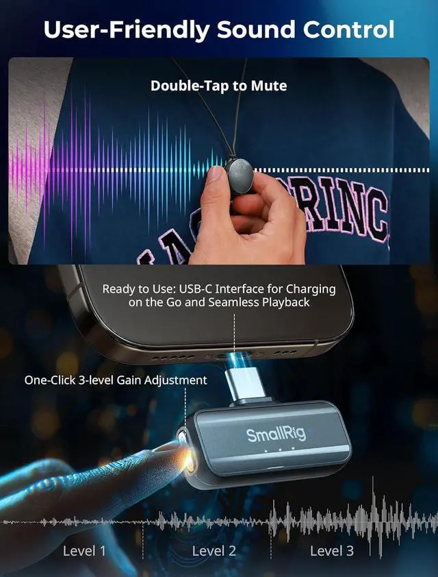 Alt view image 5 of 7 - SMALLRIG S60 Wireless Lavalier Microphone with USB C for iPhone, for Android, Mini Mic with 44H Battery, Noise Reduction, Mute, Gain, Clip On Lapel Mic for Video Recording, Vlogging, Interview,Black