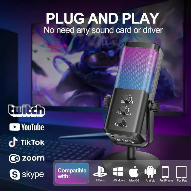 Alt view image 2 of 7 - USB Gaming Microphone with Game Chat Balance, RGB Condenser Mic with Noise Cancellation, Quick Mute & Monitoring, for Streaming/Discord/Twitch/Podcast/Videos/ASMR, for PC/Computer/PS4/PS5/Mac