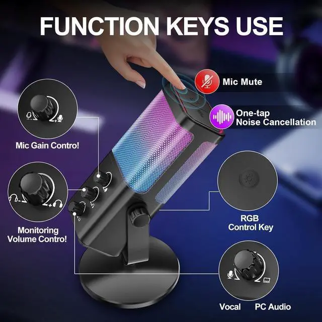 Alt view image 6 of 7 - USB Gaming Microphone with Game Chat Balance, RGB Condenser Mic with Noise Cancellation, Quick Mute & Monitoring, for Streaming/Discord/Twitch/Podcast/Videos/ASMR, for PC/Computer/PS4/PS5/Mac