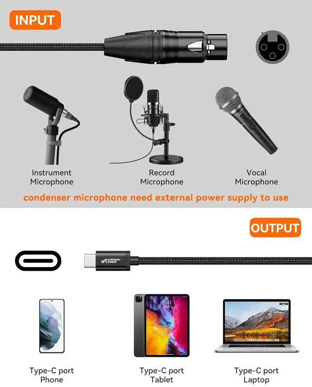 Alt view image 2 of 7 - CableCreation XLR to USB C 6.6ft, XLR Female to USB Type C Professional Recording Audio,for Microphones to Cellphone/Laptop/Tablet,Compatible with Windows Macos iOS Android Linux Unix,Shure PGA58