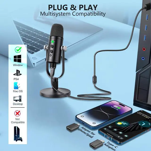 Alt view image 3 of 6 - USB Microphone Metal Condenser Mic:Plug&Play Gaming Microphones on PC,Mac,Twitch and YouTube,Recording Microphone Computer PC Mic for Streaming,Podcasting