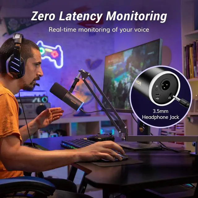 Alt view image 6 of 7 - TONOR Dynamic Microphone, XLR/USB Microphone for Gaming, Streaming, XLR Cardioid Studio Mic with Quick Mute, Headphone Jack, Volume Control, Mic with RGB Lighting and Low Profile Boom Arm, TD520s+