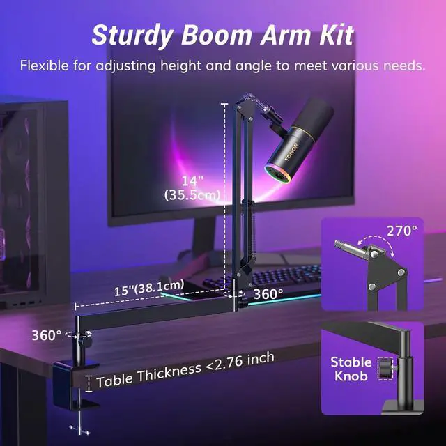 Alt view image 7 of 7 - TONOR Dynamic Microphone, XLR/USB Microphone for Gaming, Streaming, XLR Cardioid Studio Mic with Quick Mute, Headphone Jack, Volume Control, Mic with RGB Lighting and Low Profile Boom Arm, TD520s+