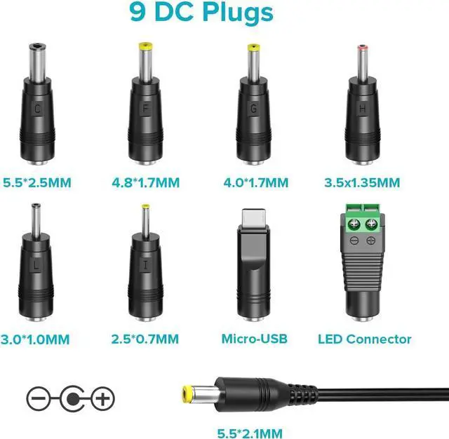 Alt view image 3 of 7 - ZOZO Universal AC/DC Adapter 12W 3V 4.5V 5V 6V 7.5V 9V 12V Switching Power Supply Charger with 8 Tips 5.5x2.1mm 5.5x2.5mm Micro USB for Routers Speakers CCTV Cameras LED Strip Lights