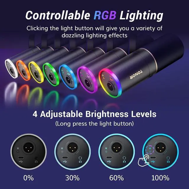 Alt view image 2 of 7 - TONOR Dynamic Microphone, XLR/USB Microphone for Gaming, Streaming, XLR Cardioid Studio Mic with Quick Mute, Headphone Jack, Volume Control, Mic with RGB Lighting and Low Profile Boom Arm, TD520s+