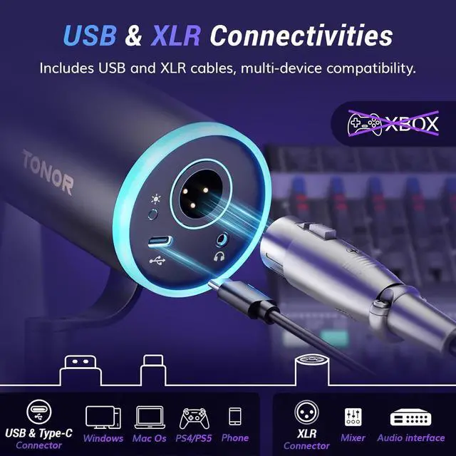 Alt view image 4 of 7 - TONOR Dynamic Microphone, XLR/USB Microphone for Gaming, Streaming, XLR Cardioid Studio Mic with Quick Mute, Headphone Jack, Volume Control, Mic with RGB Lighting and Low Profile Boom Arm, TD520s+