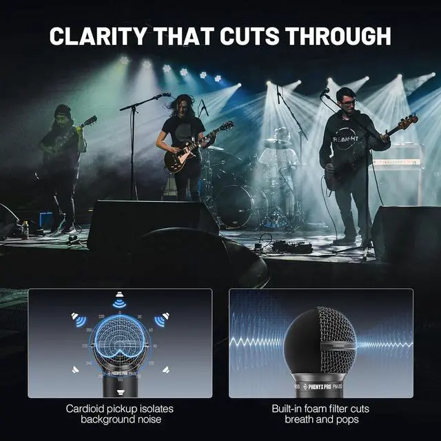 Alt view image 3 of 7 - Phenyx Pro Dynamic Vocal Microphone, Cardioid Microphone with 16.4 ft XLR Cable, Mic Clip, Storage Bag, Wired Handheld Mic for Singing, Stage, Studio, Karaoke (PM-25)