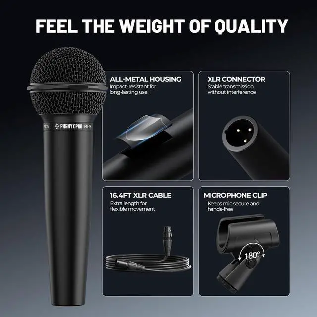 Alt view image 5 of 7 - Phenyx Pro Dynamic Vocal Microphone, Cardioid Microphone with 16.4 ft XLR Cable, Mic Clip, Storage Bag, Wired Handheld Mic for Singing, Stage, Studio, Karaoke (PM-25)